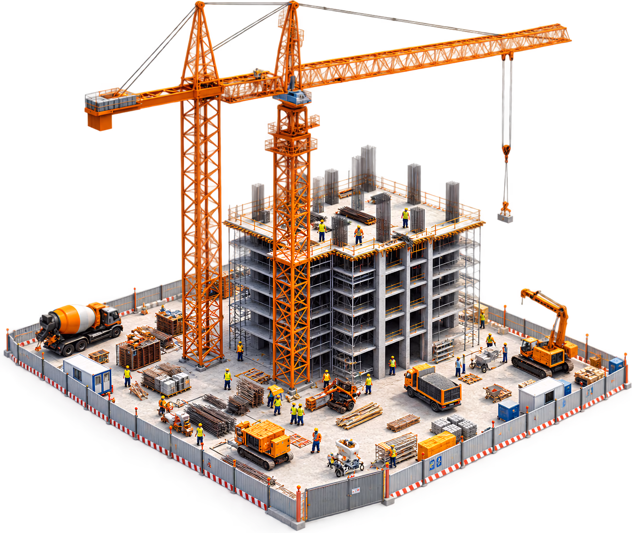 Illustration d'un chantier : grues à tour, immeuble en construction et engins